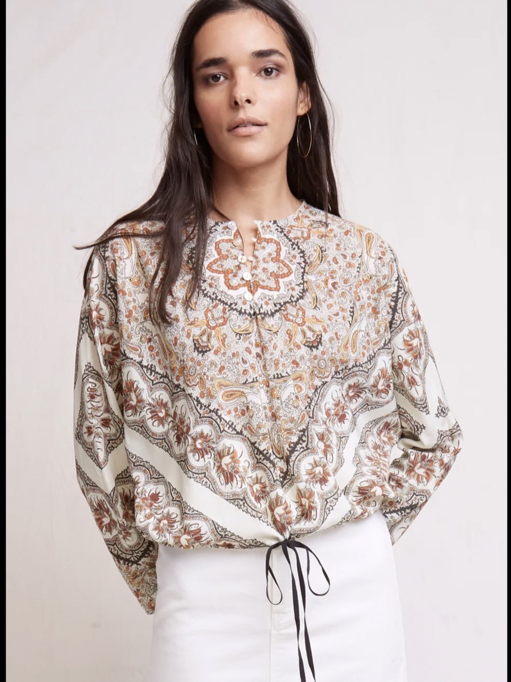 Warm Printed Drawstring Hem Blouse in Ivory and Tan size S 100% silk